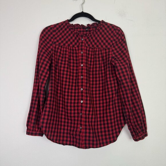 Talbots Feminine Detail Blouse Cotton Herringbone Red Plaid Button Down Size XS - Picture 1 of 6